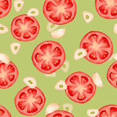 Seamless pattern Illustration with hand-drawn red tomato slices and garlic cloves on light green background