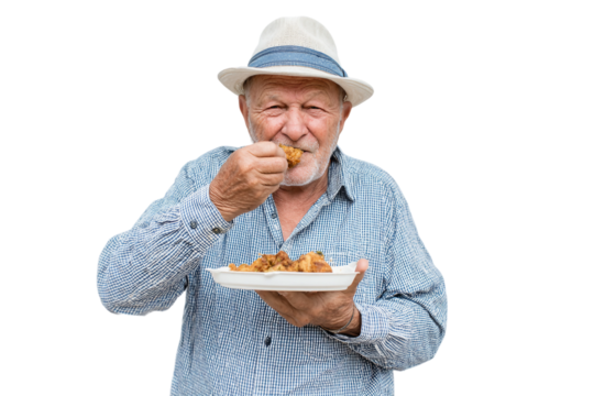 Elderly person enjoying food truck cuisine isolated on transparent background