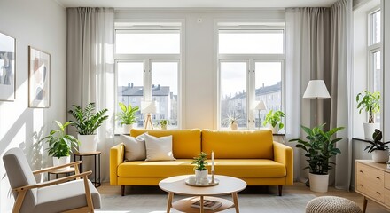 Bright modern living room interior showcasing a vibrant yellow sofa and natural light.