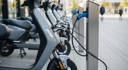 Electric scooter charging at station for convenient transportation. Electric scooter connected to charging station, showing eco friendly energy in urban environment.