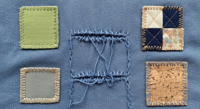 Mending clothes showcases textile patches and visible repairs on denim. Mending clothes, including a square of green fabric, demonstrate textile repair techniques and thread work,