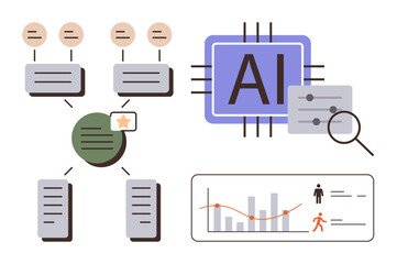 AI circuit chip, connected flowchart, data review magnifier, and graph with human icons. Ideal for machine learning, analytics, automation, technology, innovation data science structured