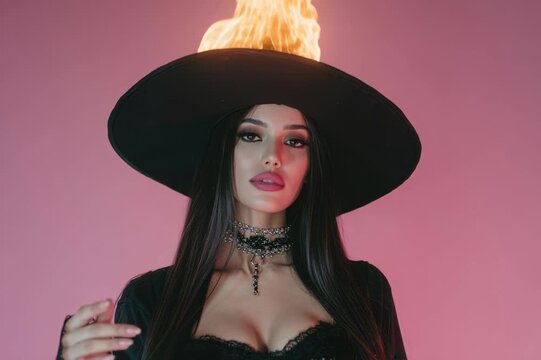 Woman with flaming hat showcases bold Halloween costume look