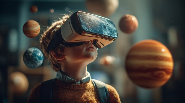 A boy immerses himself in a virtual reality experience, surrounded by stunning planets that ignite the imagination, blending technology with the wonders of space exploration.