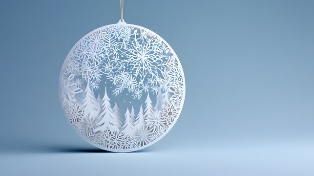 Snow globe with trees and snowflakes inside. The snow globe is sitting on a blue background