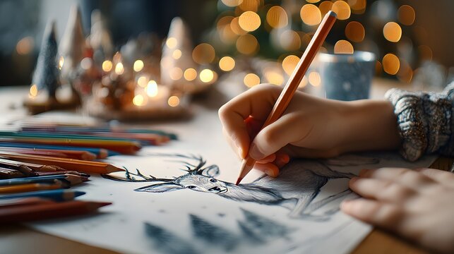 Person is drawing a deer on a piece of paper. The drawing is done with colored pencils and the deer is surrounded by trees. Scene is peaceful and serene, as the deer is depicted in a natural setting