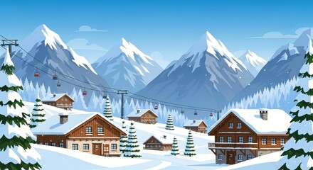 Scenic Mountain Village in Winter with Snowy Peaks and Chalets