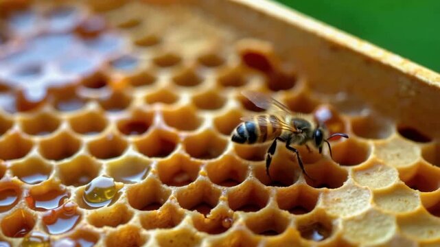 Honey bee close up macro on honeycomb with golden honey drops insect collecting nectar