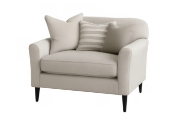 Beige armchair with comfortable cushions, modern design furniture for relaxation and home comfort, transparent background