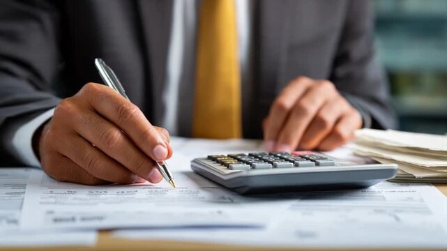 Hands Using Calculator and Documents, Accounting Payroll and Finance Audit