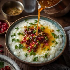 Creamy curd rice topped with pomegranate, herbs, and nuts as warm spiced ghee is poured from a copper pot. Set on a rustic wooden table with warm lighting and complementary bowls in the background.
