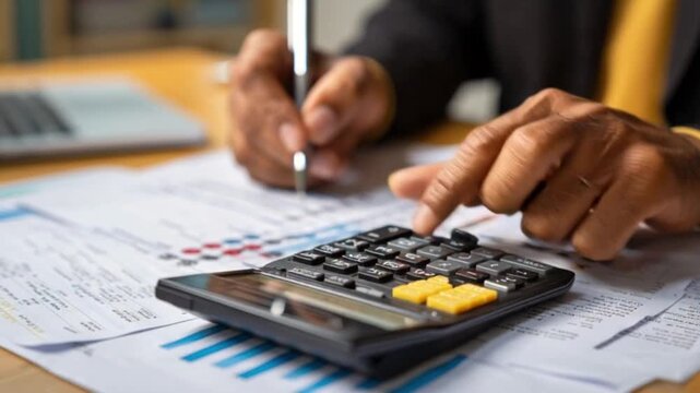 Hands Using Calculator and Documents, Accounting Payroll and Finance Audit - Powered by Adobe