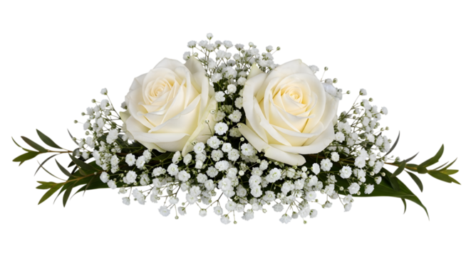 Two creamy white roses with baby's breath and green leaves arrangement isolated on a transparent background