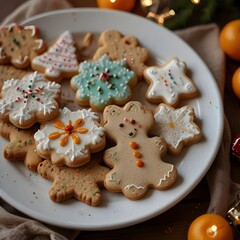 Festive holiday cookies decorated with icing and sprinkles on a rustic wooden table, surrounded by warm lights, powdered sugar, cookie stacks, and cozy seasonal elements.