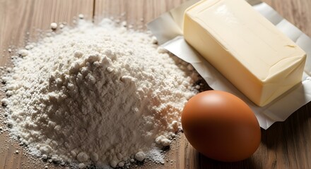 A classic still life composition of essential baking ingredients: a mound of white flour, a block of butter, and a single brown egg on a rustic wooden surface.