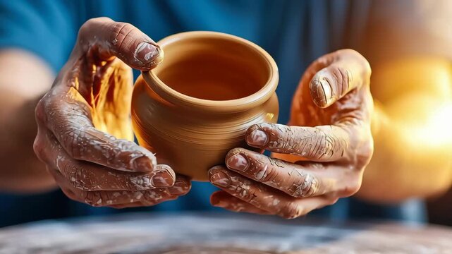 Pottery clay hands artisan wheel craft spinning handmade ceramic workshop hold small clay pot fast spinning wheel with tactile rustic texture
