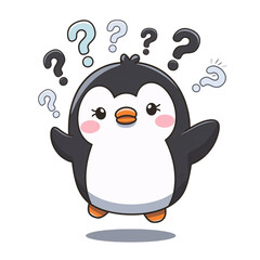 Obraz premium Confused cute penguin with question marks isolated on transparent background