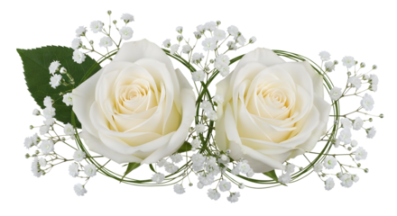 Two creamy white roses with delicate baby's breath and green leaves arranged in a circular pattern isolated on a transparent background