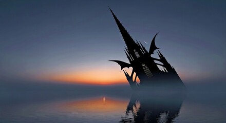 Medieval Spire Silhouetted Against Twilight Sky Over Serene Lake