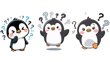 Fototapeta premium Three cute penguins expressing confusion isolated on transparent background