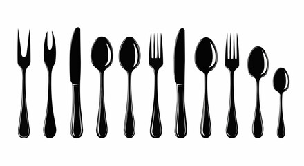Collection of Black Silhouettes of Various Cutlery Items.