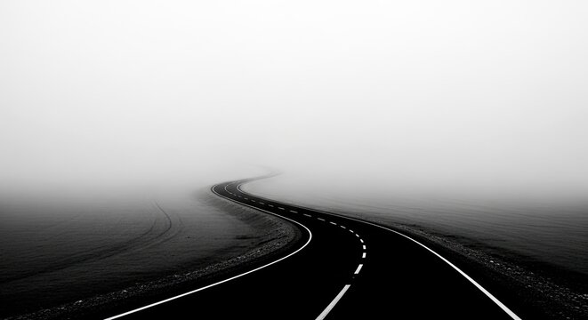 Misty Road Curve Minimalist Black and White Landscape Photography - Powered by Adobe