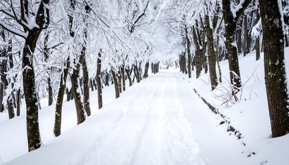 Fototapeta premium Snowy path leads through a winter forest, trees iced. Quiet beauty