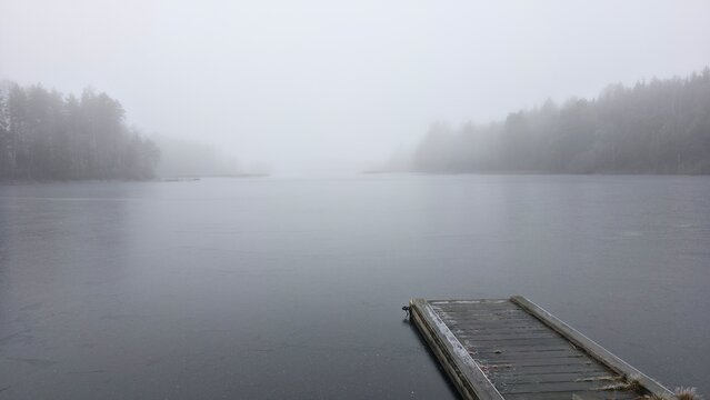 Pirs end fog on the river in the forest 
