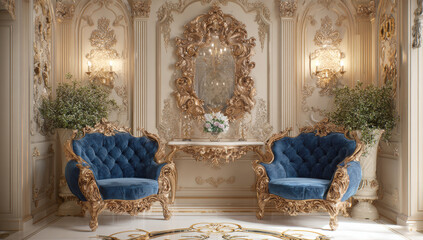 Baroque Interior Design of a Royal Palace Room: Symmetric Arrangement of Luxurious Blue Velvet and Gold Carved Armchairs, Intricate Wall Panelings, Ornate Mirror, Sconces, Symbolizing Wealth