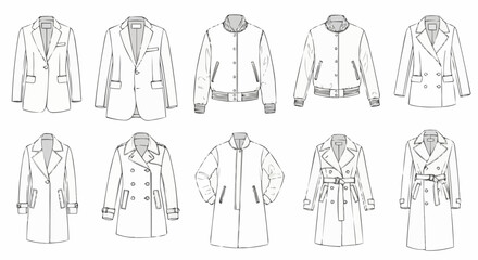 Collection of Fashionable Coats and Jackets - Technical Flat Sketches.