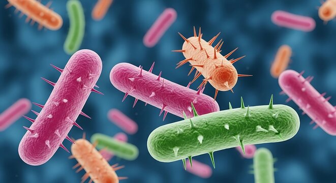 Microscopic view of colorful rod shaped bacteria cells with flagella