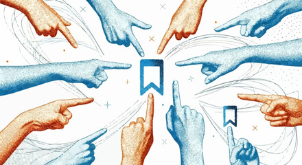Hands pointing at bookmark symbol representing saving and focus.