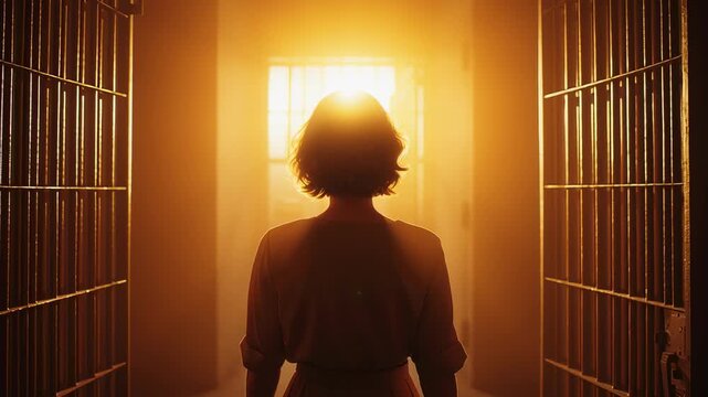 Silhouette of a person at the end of a prison corridor walking towards a bright light
