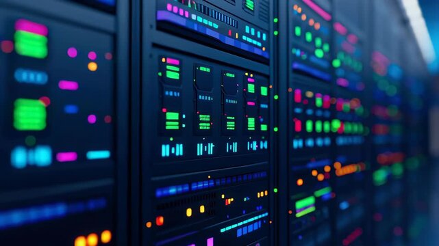 Data center server rack network cable LED light technology for cloud computing cybersecurity storage infrastructure power humming focus blur with