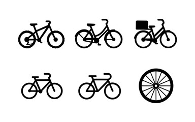 Collection of bicycle silhouettes: mountain, cargo, urban, and wheel design