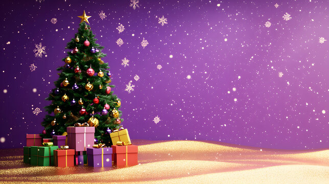 A decorated Christmas tree with gift boxes sits on a gold floor against a purple studio backdrop with falling snowflakes - Powered by Adobe