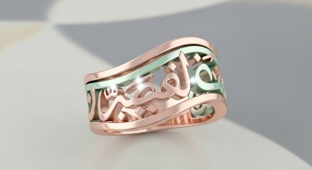 Rose gold ring with arabic calligraphy design on a neutral background