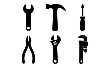 Obraz premium Silhouette tools set: hammer, wrench, screwdriver, pliers, adjustable spanner