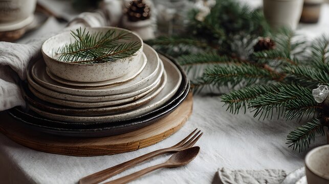 Table with a variety of plates and utensils, including forks, spoons, and knives, arranged on a white tablecloth. The table setting is elegant and inviting