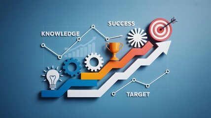 Knowledge skill success target infographic design, business strategy growth concept with arrow steps and icons for achievement