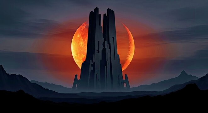 Mysterious Futuristic Monument Against Blood Red Moon Over Desert - Powered by Adobe