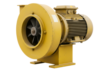 Old yellow industrial centrifugal fan with electric motor isolated on a transparent background