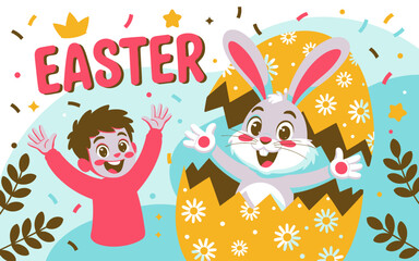 Obraz premium Cute Easter Celebration Illustration – Happy Boy and Bunny Popping from Decorated Egg.