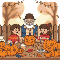 Fototapeta premium Grandfather and grandchildren carving pumpkins together on a wooden table outdoors in the fall, with string lights above.
