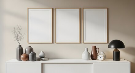 Modern interior with blank frames and decorative objects