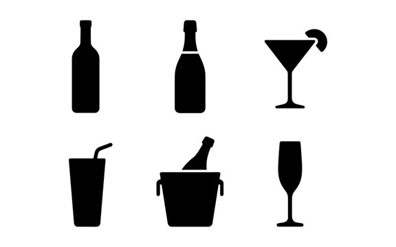 Silhouette icons of wine bottles and cocktails for beverage menu designs