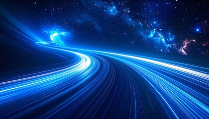 Streaks of vibrant blue light curve across a star-speckled sky, creating a sense of speed and celestial motion