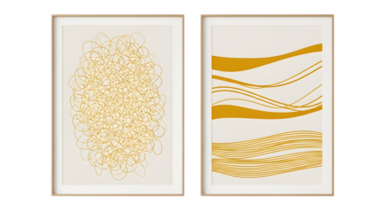 Two framed abstract art prints with yellow line patterns on cream background isolated on a transparent background