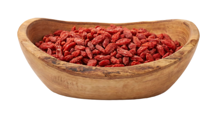 Dried red goji berries in wooden bowl isolated on transparent background