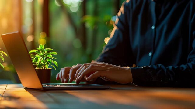 Modern workspace laptop sunlight with green plant wooden desk for remote work and typing calm office, morning light boosting productivity and serene